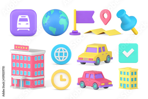 Travel transportation vehicle tour tourism destination global discovery set 3d icon realistic vector