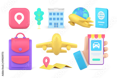 Travel tour tourism journey adventure transportation online booking destination set 3d icon vector