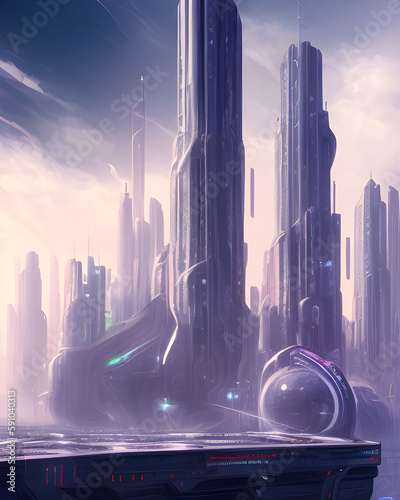 Ilustración de ciudad nocturna futurista con edificios y niebla