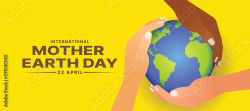 International mother earth day - Three hands hold care earth world on yellow background vector design