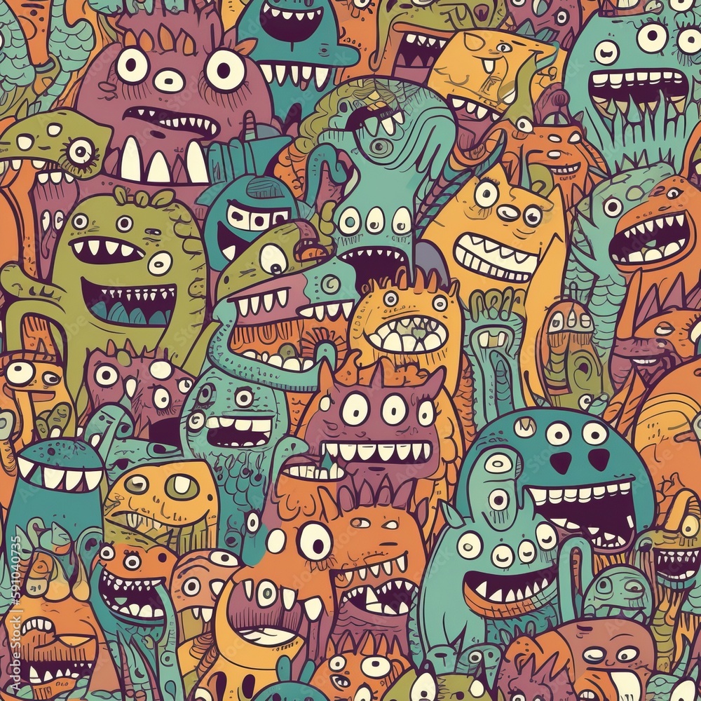 Brightly colored seamless pattern of doodled monsters. AI generation.