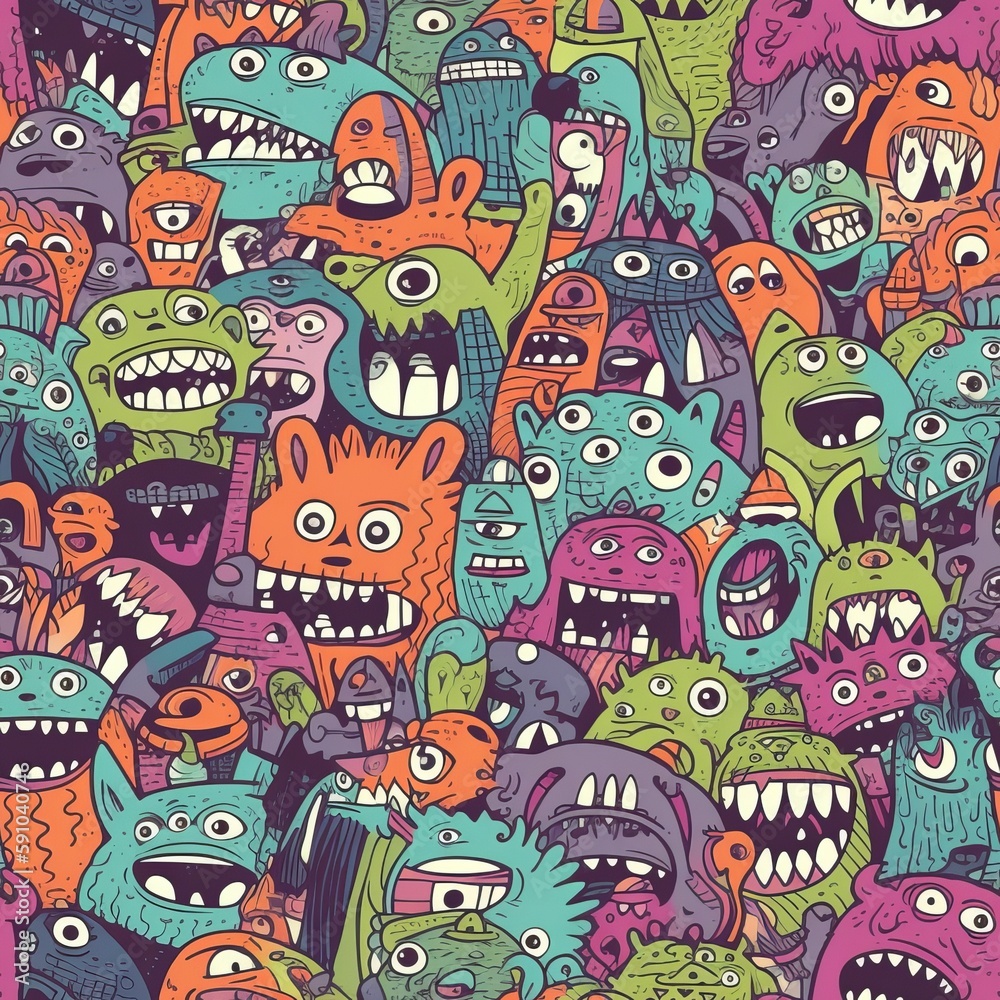 Brightly colored seamless pattern of doodled monsters. AI generation.