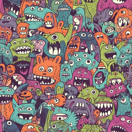 Brightly colored seamless pattern of doodled monsters. AI generation.