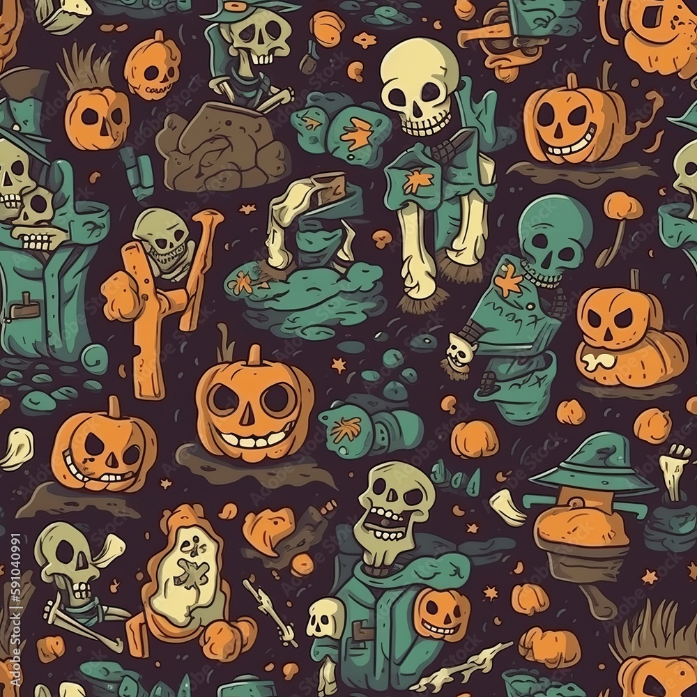 Autumn and Halloween-themed seamless pattern with ghosts. AI generation.