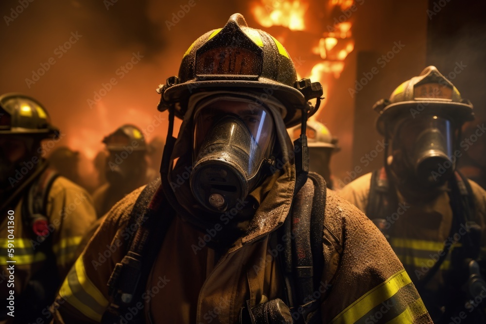 US Firefighters in Action, Close Up, Generative AI US Firefighters in Action, Close Up, Generative AI