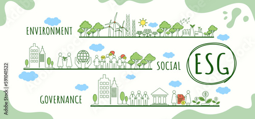 ESG, green energy, Environmental and sustainable development, Social, and Corporate Governance concept. Vector illustration with minimal flat line design.