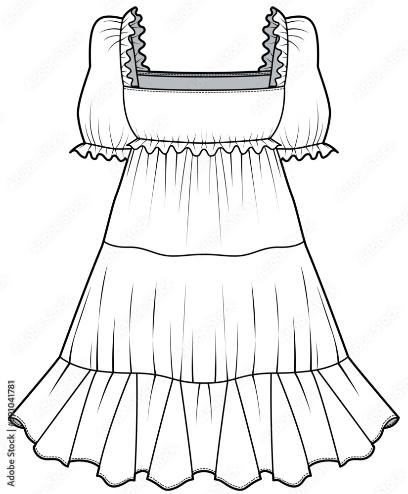 women short puff sleeve square neck mini ruffle dress flat sketch vector illustration technical cad drawing template Stock Vector Adobe Stock