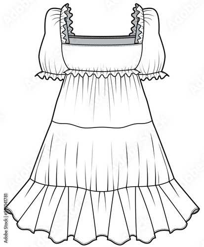 women short puff sleeve square neck mini ruffle dress flat sketch vector illustration technical cad drawing template