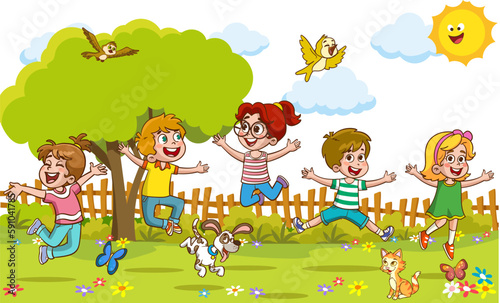 Happy Little Kids Having Fun. vector illustration of cute kids jumping dancing