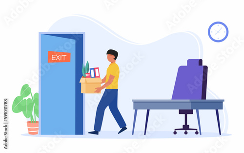 Guy leaving office with personal things Concept of Unemployment and Jobless worker.