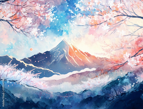 Beautiful spring landscape, Mountain watercolor background, Landscape painting, Watercolor landscape, Ocean watercolor hand painting illustration, Cherry blossom landscape.