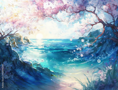 Beautiful spring landscape, Summer beach watercolor background, Landscape painting, Watercolor landscape, Ocean watercolor hand painting illustration, Cherry blossom landscape.