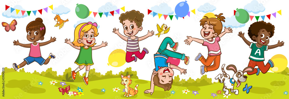 Happy Little Kids Having Fun. vector illustration of cute kids jumping dancing