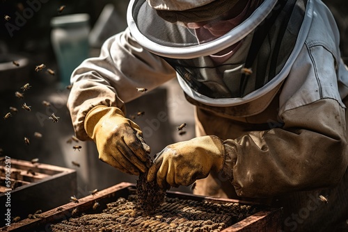 A close-up view of a beekeeper carefully tending to a buzzing beehive, wearing protective gear, and using a smoker to calm the bees. Generative AI.