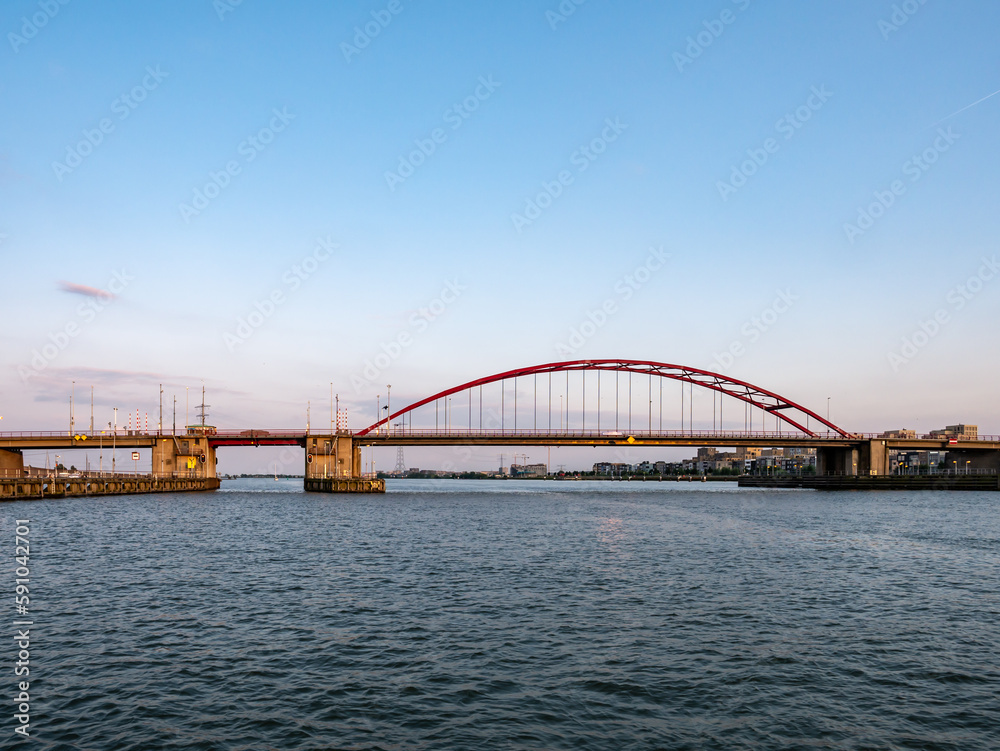 Fototapeta premium Road bridge Schellingwouderbrug over Buiten IJ river, Amsterdam