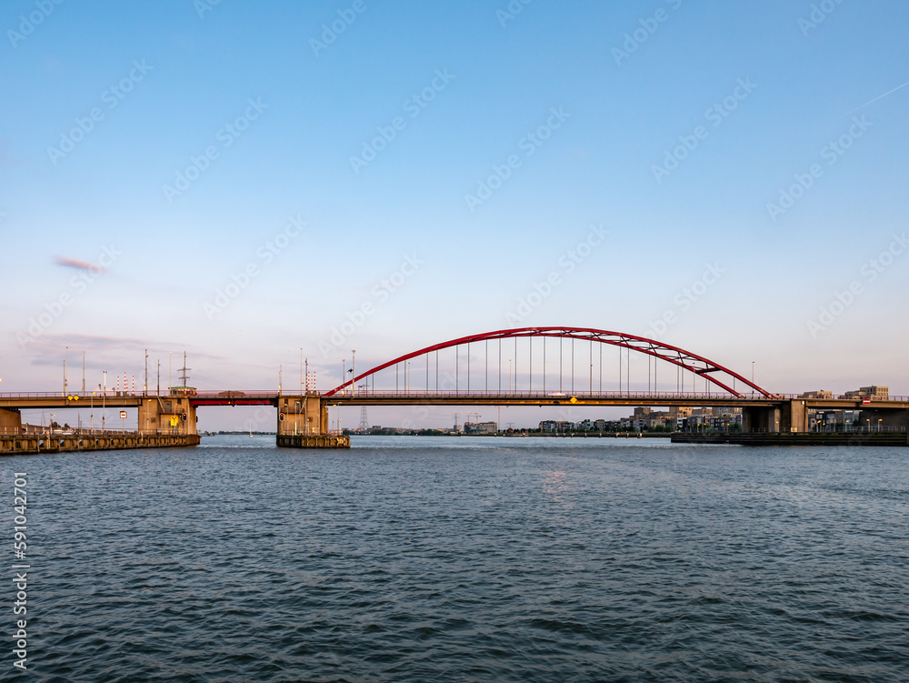 Road bridge Schellingwouderbrug over Buiten IJ river, Amsterdam Road bridge Schellingwouderbrug over Buiten IJ river, Amsterdam