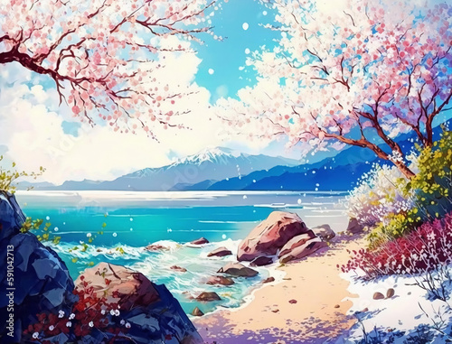 Beautiful spring landscape, Summer beach watercolor background, Landscape painting, Watercolor landscape, Ocean watercolor hand painting illustration, Cherry blossom landscape.