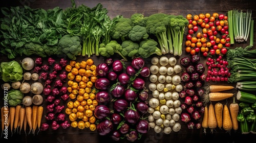 top view of various vegetables on the wooden background, organic, generative ai