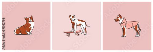 Hand drawn vector abstract graphic line collection set with diverse cute funny cartoon dogs characters.Vector illustration of funny cartoon different breeds dogs in trendy flat style. Line dog icon.