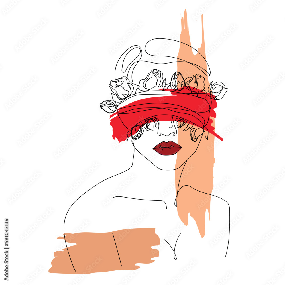 Woman face with rose flowers and bandaged eyes and red lips vector