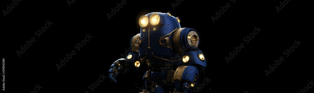 Small 3d traditional blue robot in the dark theme light in black background. Generative AI