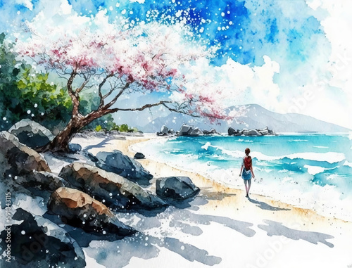 Beautiful spring landscape, Summer beach watercolor background, Landscape painting, Watercolor landscape, Ocean watercolor hand painting illustration, Cherry blossom landscape.