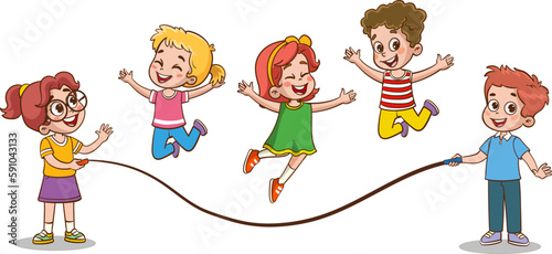 Happy Little Kids Having Fun. vector illustration of cute kids jumping rope