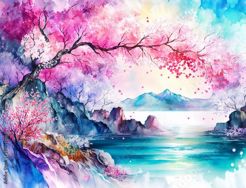 Beautiful spring landscape, Summer beach watercolor background, Landscape painting, Watercolor landscape, Ocean watercolor hand painting illustration, Cherry blossom landscape.