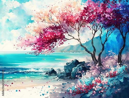 Beautiful spring landscape, Summer beach watercolor background, Landscape painting, Watercolor landscape, Ocean watercolor hand painting illustration, Cherry blossom landscape.