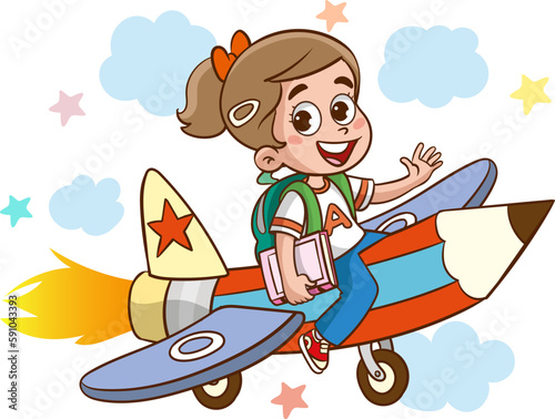 fun educational images with educational materials.Funny Kid Flying On Colorful Pencil cartoon vector