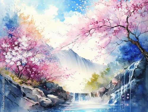 Beautiful spring landscape, Summer beach watercolor background, Landscape painting, Watercolor landscape, Ocean watercolor hand painting illustration, Cherry blossom landscape.