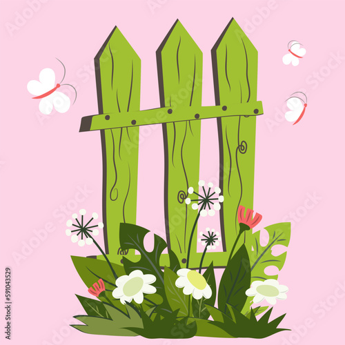Spring clip art with wild flowers, butterflies and green fence. Dandelions, tulips, daisies