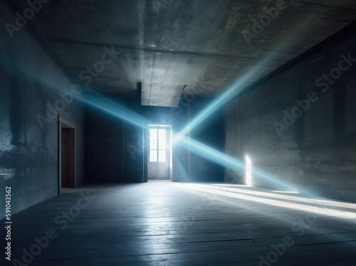 Light rays come through a dark room with a window, light, and room background. Generative AI