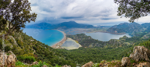 Fototapeta Naklejka Na Ścianę i Meble -  Sulungur Lake and Iztuzu Beach view from hill in Dalyan Village of Mugla Province