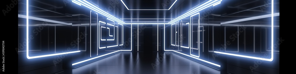 A futuristic dark room with white neon lights and light on the ceiling, A futuristic room, technology room background