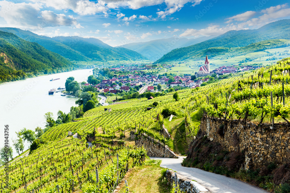 Scenic spring view to Wachau valley with the river Danube and town Weissenkirchen. Austria.