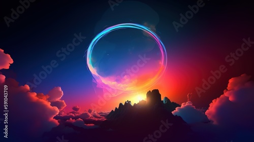 rainbow color ring circle in the sky and clouds, colorfyl ring in sunset time sky. Generative AI photo