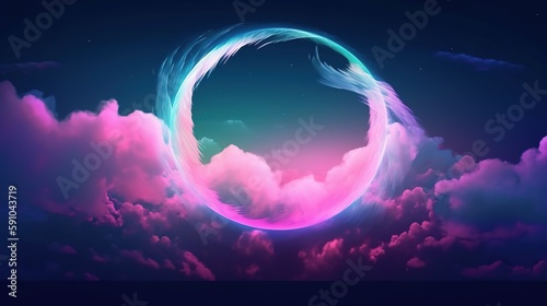 neon glowing sphere ring in clouds, pink neon ring in clouds. Generative AI