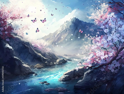 Beautiful spring landscape, Summer beach watercolor background, Landscape painting, Watercolor landscape, Ocean watercolor hand painting illustration, Cherry blossom landscape.