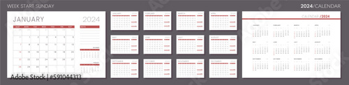 2024 Calendar Planner Template. Vector layout grid of a wall or desk simple calendar with week start sunday. Set of monthly and annual page calendar. Minimalist corporate calendar design for print.