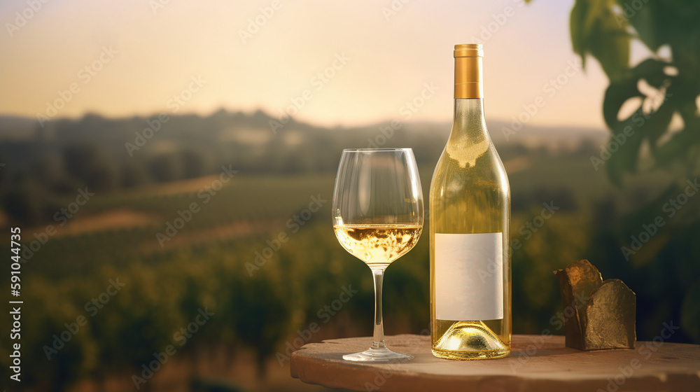 bottle of white with a glass on the background of vineyards. generative ai