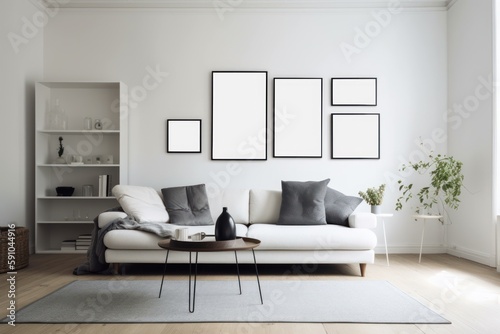 Pure Serenity  The Art of Living Simply in a White Living Room with a Blank Frame