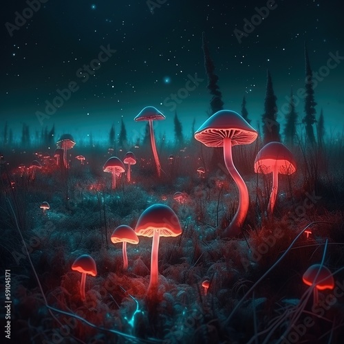 Mushrooms Neon Composition,  bioluminescence field full of magical fungi, Generative AI © Reinkhart
