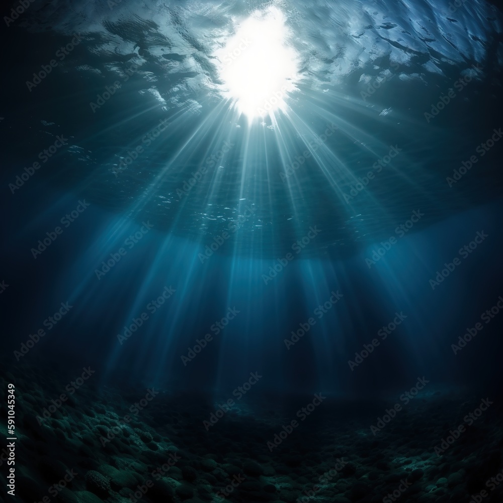 Deep sea abyss barely lightened by sunlight, Generative AI