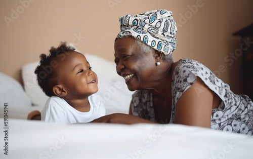 Senior dark-skinned black african american woman playing with her grandchild. Active and healthy grandmother concept. Generative AI