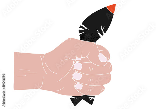 A man's hand squeezes a military missile. Concept against war.