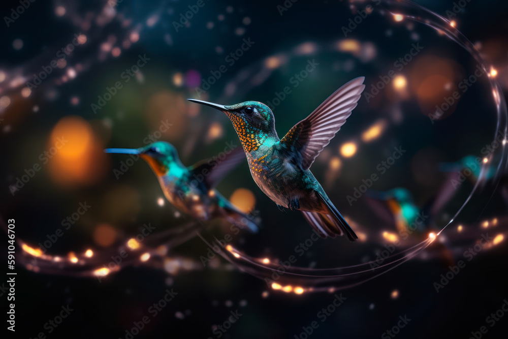Fototapeta premium Beautiful Hummingbird in Tropical Fantasy Garden. Generative AI