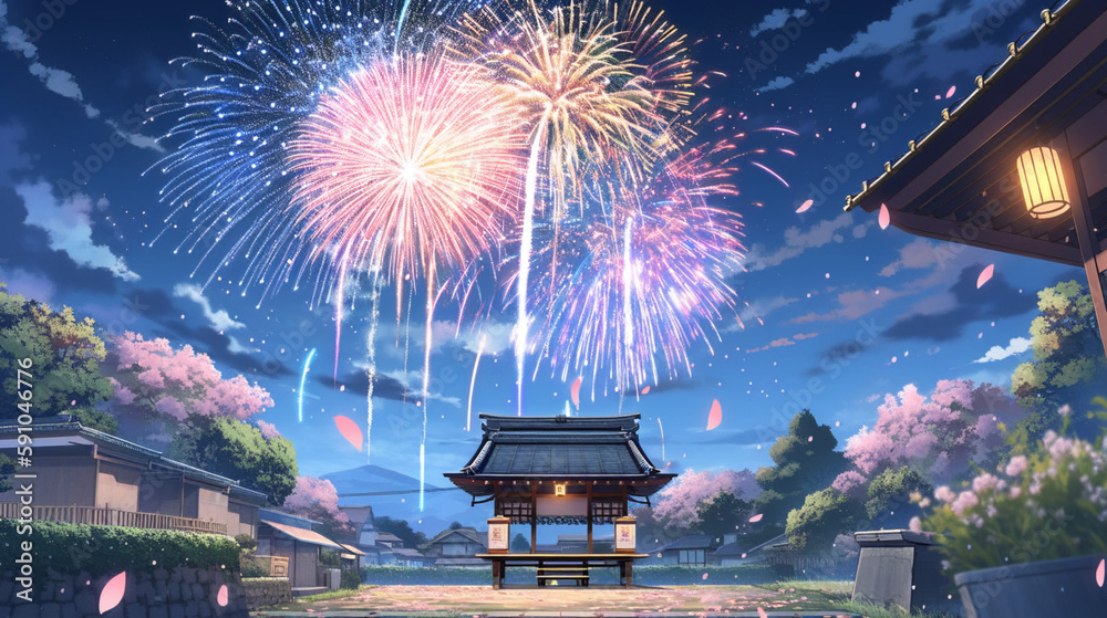 Fireworks and shrine in the night in Anime style. Cherry blossom