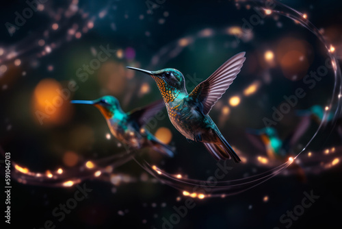Beautiful Hummingbird in Tropical Fantasy Garden. Generative AI © NorLife