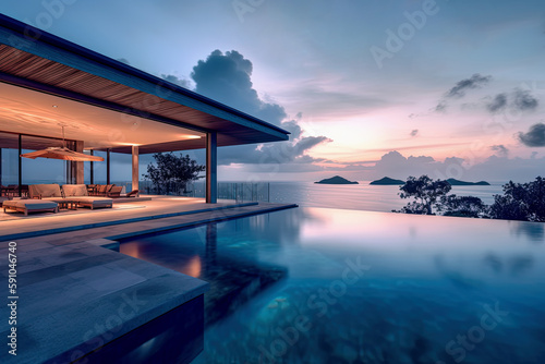 Modern Tropical Island Villa Home With Infinity Swimming Pool At Twilight - Generative AI © StockBox
